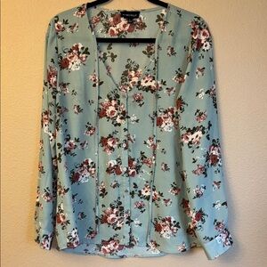 My Michelle LARGE Multicolored Floral V-Neck Long Sleeve Peasant Blouse Aqua